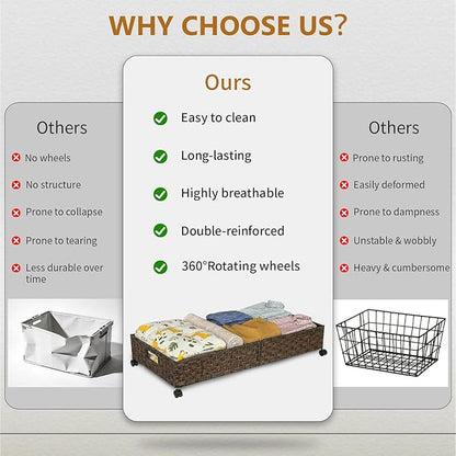 2 Pack Under Bed Storage with Wheels, 40L Large Under Bed Storage Containers with Handwoven Rattan , Rolling Underbed Organizer Bins Drawers for Clothes, Shoes, Blankets, Brown(31.5 x 15.75 x 6.3 In)