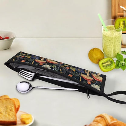 Dragonfly MushroomTravel Cutlery Bag Portable Tableware Carrying Bag with Handle Resuable Camping Flatware Straw Organizer Outdoor Dinnerware Storage Case
