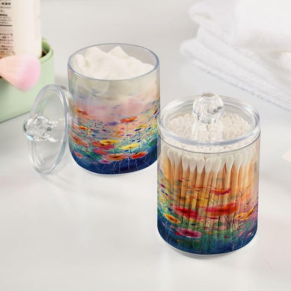 Colorful Flowers Painting Qtip Holder Dispenser with Lids, 2PCS Plastic Food Storage Canisters, Apothecary Jar Containers for Vanity Organizer Storage #557
