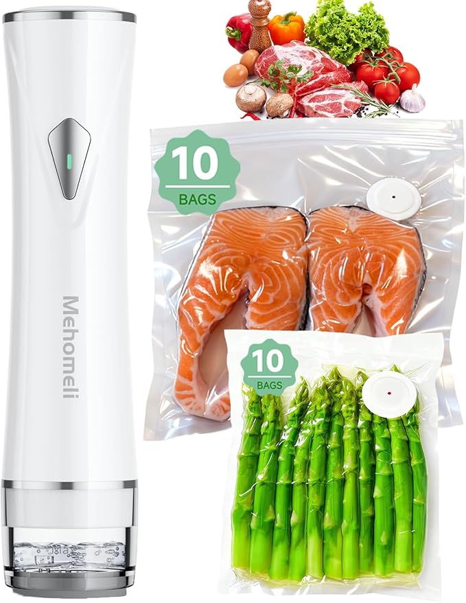 Mehomeli Compact Vacuum Sealer for Food (Vacuum Sealer Machine + 20 Reusable Vacuum Bags), Powerful Handheld Vacuum Sealer Machine, Seal Food 6X Fresh Longer, Portable & Wireless, Easy-Clean