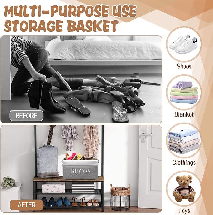 CIEOVO 2 Pack Storage Basket for Shoe Organizer Flodable Space-Saving Storage Bin Decorative Basket Shoe Storage Bin Organizer for Hallway Entryway Home Decor Living Room