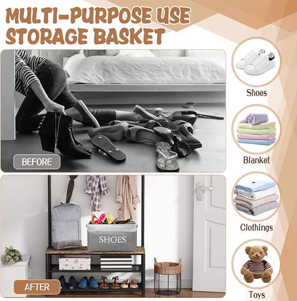 CIEOVO 2 Pack Storage Basket for Shoe Organizer Flodable Space-Saving Storage Bin Decorative Basket Shoe Storage Bin Organizer for Hallway Entryway Home Decor Living Room