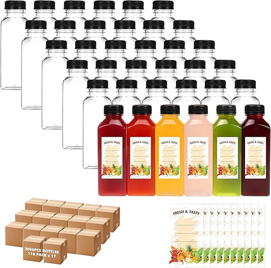 BAKHUK BAKHUK2006pcs 12oz Empty Plastic Juice Bottles with Caps, Plastic Water Bottles with lids, Reusable Clear Bulk Beverage Containers for Juice, Milk and Other Beverages