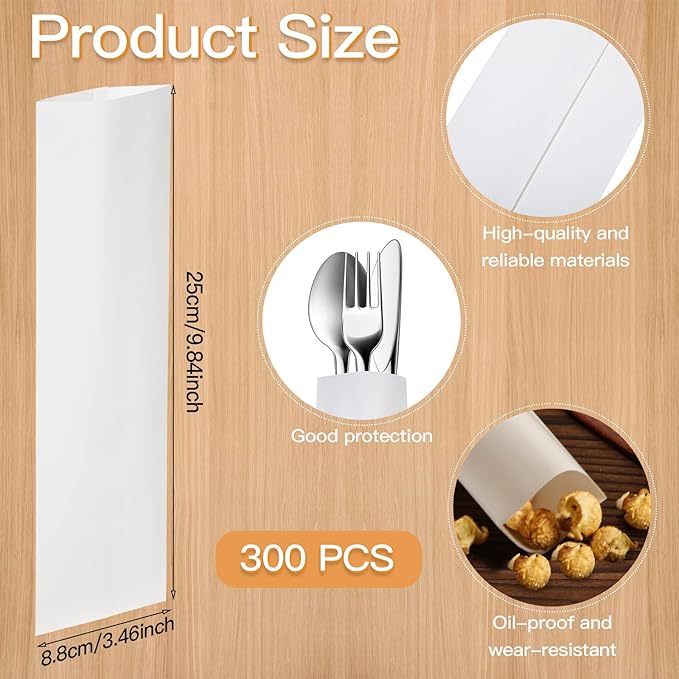 300 Pcs Paper Silverware Bags 10" x 3" Kraft Pretzel Rod Churro Paper Lunch Bags for Restaurant Flatware Holder Chopsticks Holder Wedding Party Tableware (White)
