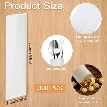 300 Pcs Paper Silverware Bags 10" x 3" Kraft Pretzel Rod Churro Paper Lunch Bags for Restaurant Flatware Holder Chopsticks Holder Wedding Party Tableware (White)