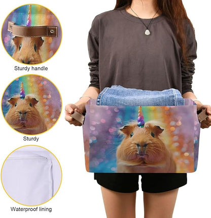 Large Storage Basket Rainbow Guinea Pig Unicorn Storage Bin Cube Canvas Fabric Organizer Handles Collapsible for Clothes Toys Bedroom Decorative