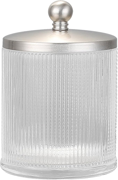 Clear Transparent Apothecary Ribbed Geometric Etched Glass Jar W/Satin Nickel Metal Lid for Bathroom Organization, Cotton Balls, Q Tips, and Small Accessories, Bathroom Storage