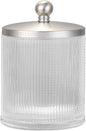 Clear Transparent Apothecary Ribbed Geometric Etched Glass Jar W/Satin Nickel Metal Lid for Bathroom Organization, Cotton Balls, Q Tips, and Small Accessories, Bathroom Storage