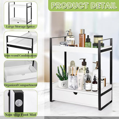 2-Tier Wooden Counter Shelf with Drawer, Vanity Tray for Organization and Decor, Countertop Organizer for Bathroom and Kitchen