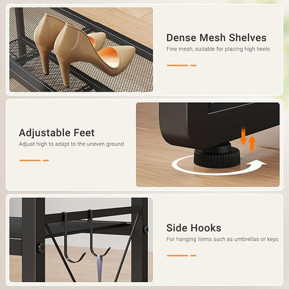 ELYKEN Shoe Rack, 4-Tier Expandable Shoe Organizer for Entryway, Metal Black Shoe Shelf with 8 Hooks, Adjustable Shoe Stand Holder for Closet, Garage, Door Entrance