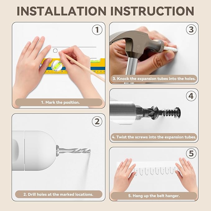 Belt Hanger Wall Mount, Wooden Closet Belt Organizer with 24 Metal Hooks, Large Capacity, White, 2 Pcs