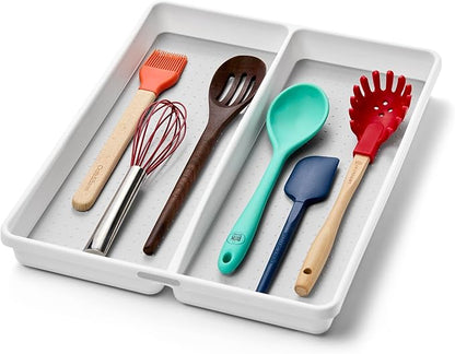 madesmart Premium 2 Compartment Utensil Tray, Deep Storage for Ladles, Whisks & Serving Tools, Non Slip Lining, for Drawers & Home Organization, White