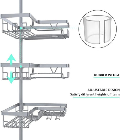 DAOYA Corner Shower Caddy Tension Pole, 4-Tier Rustproof Adjustable Bathroom Organizer for Renters, 25–114.2 Inch for Bathtub Shampoo Storage, Light Gray