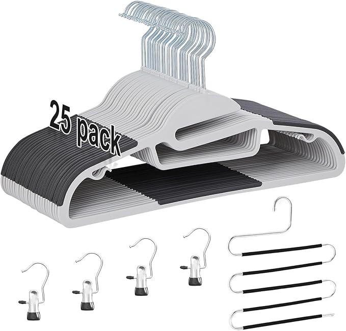 VECELO 25 Pack Coat Hangers, Premium Quality Plastic Suit Clothes Hanger, Non-Slip, Heavy-Duty, S-Shaped Opening, 360º Swivel Hook, Space-Saving for Bedroom Closet