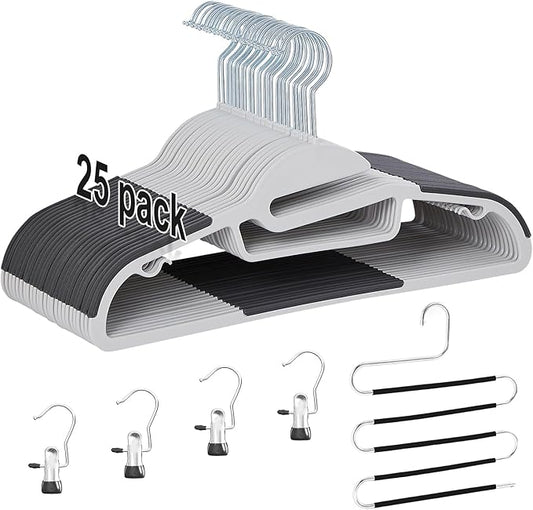 VECELO 25 Pack Coat Hangers, Premium Quality Plastic Suit Clothes Hanger, Non-Slip, Heavy-Duty, S-Shaped Opening, 360º Swivel Hook, Space-Saving for Bedroom Closet