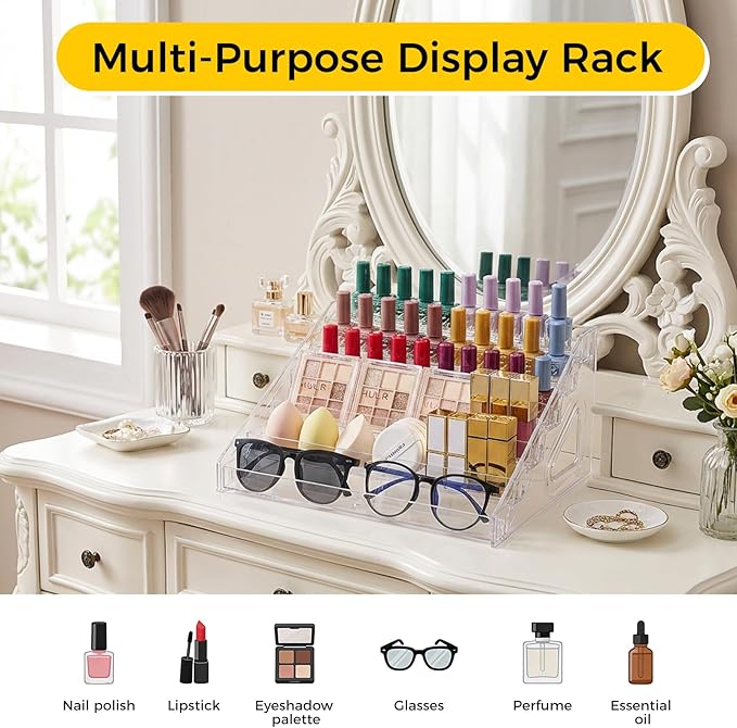 Acrylic Nail Polish Organizer Holder Rack 6 Layers, Clear Display Stand For Sunglasses,Essential Oils, Makeup Organizer, Holds Up to 72 Bottles