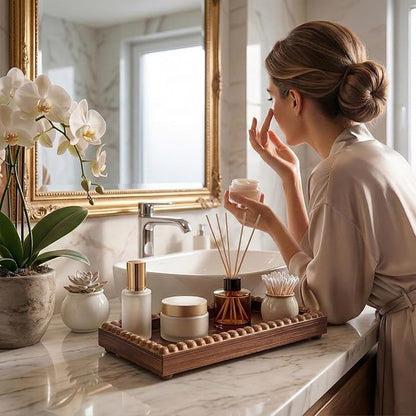 Bathroom Counter Organizer Tray, Wooden Countertop Vanity Trays with Beaded Edge, Farmhouse Decorative Tray Stand for Toilet Tank Candle Sink Kitchen Coffee Bar