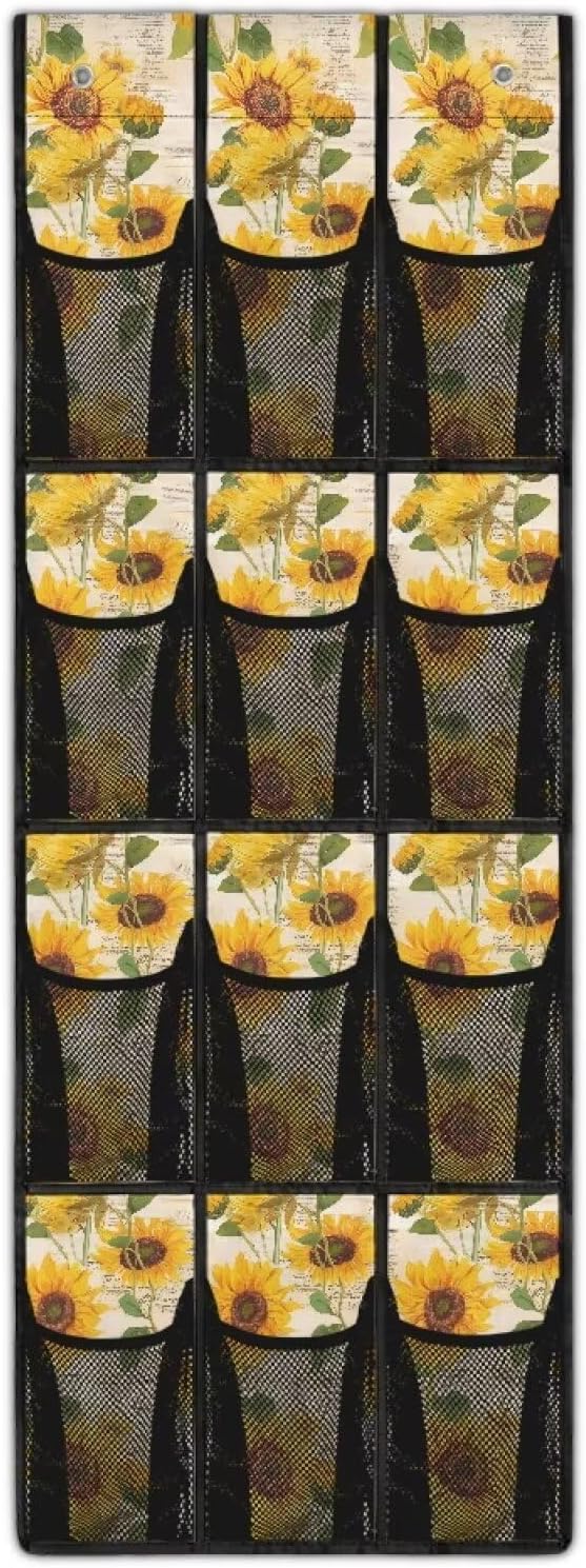 Sunflower Over the Door Shoe Organizer 12 Large Mesh Pockets Sturdy Oxford Shoe Storage Organizer Hanging Shoe Rack for Closet
