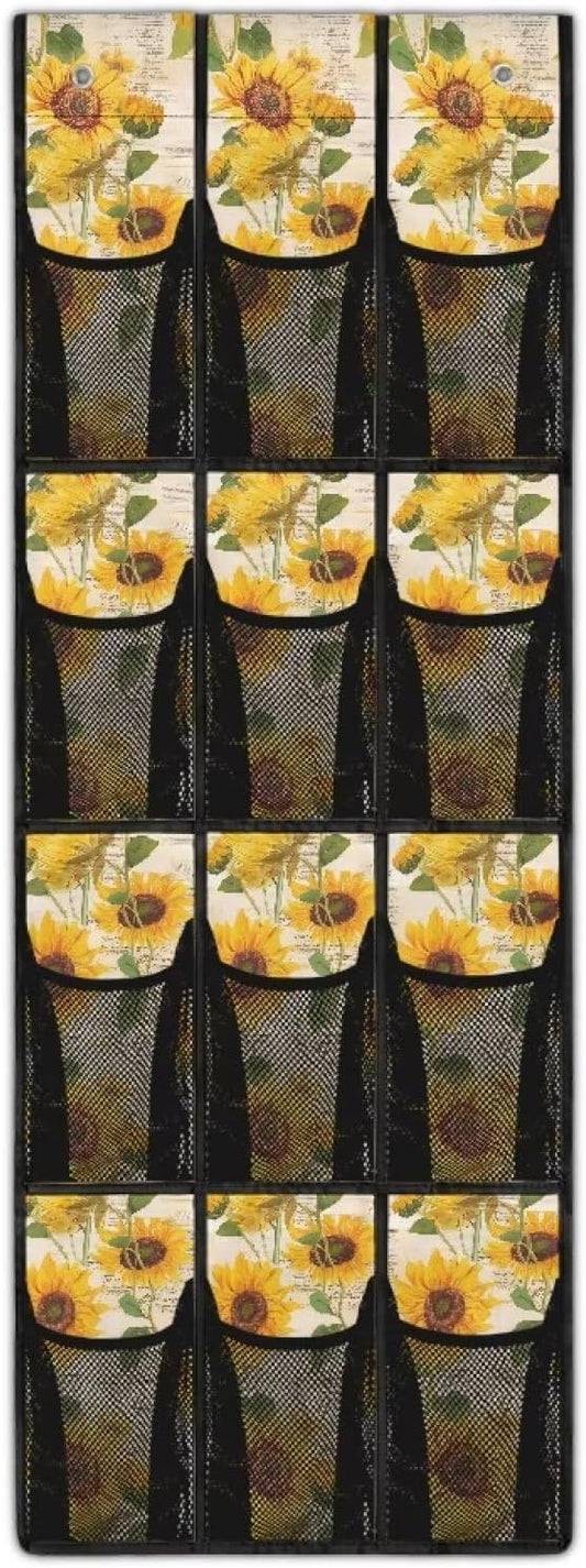 Sunflower Over the Door Shoe Organizer 12 Large Mesh Pockets Sturdy Oxford Shoe Storage Organizer Hanging Shoe Rack for Closet