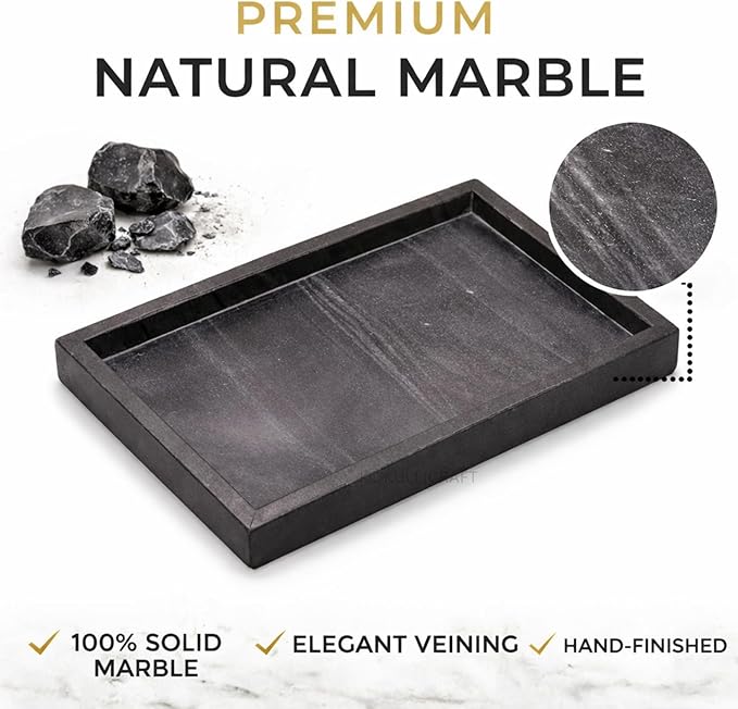 Natural Black Marble Tray for Bathroom | Kitchen | Vanity | Desktop, Stone Organizer for Coffee Table, Dresser, Nightstand, Candles, Soap, Towel, Plant, Jewelry (12" x 8"), Rectangular