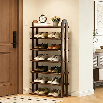 Vertical Shoe Rack - 7 Tier Tall Narrow Shoe Rack Organizer for Small Spaces, Skinny Shoe Shelf Space Saving Shoe Storage, Solid Wood Shoe Shelf for Entryway, Closet, Corner, Doorway, Walnut