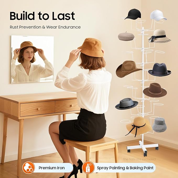Rotating Hat Display Rack Stand 7 Tiers, Metal Hats Display Stand with 35 Hooks, Cap Organizer Hat Display with Wheels Standing，Floor Standing Display Tower for Wig, Cap, Baseball Hat (White)