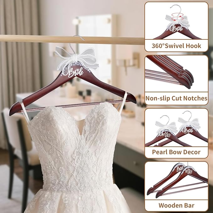Bride Hanger for Wedding Dress Wooden Pearl Hangers with Pearl Ribbon Bow Elegant Bridal Mrs Wedding Dress Hanger, 2PCS Personalized Wedding Hangers (Walnut)