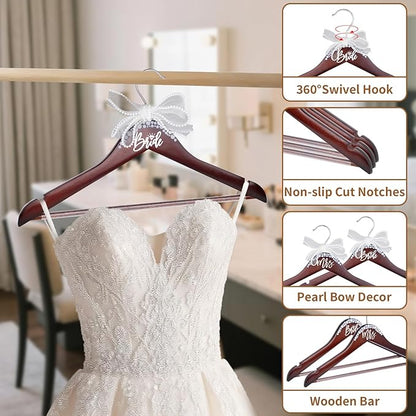 Bride Hanger for Wedding Dress Wooden Pearl Hangers with Pearl Ribbon Bow Elegant Bridal Mrs Wedding Dress Hanger, 2PCS Personalized Wedding Hangers (Walnut)