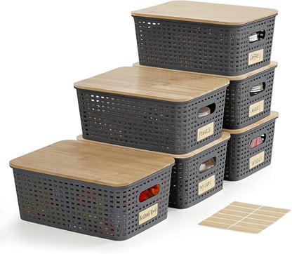 Bagnizer Small Plastic Storage Bins with Bamboo Lids 5.2qt Stackable Box Basket Pantry Decorative Containers Cute with Lable for Organizing Desktop Closet Office Gray of 6 packs 10 * 7.2 * 4.1"