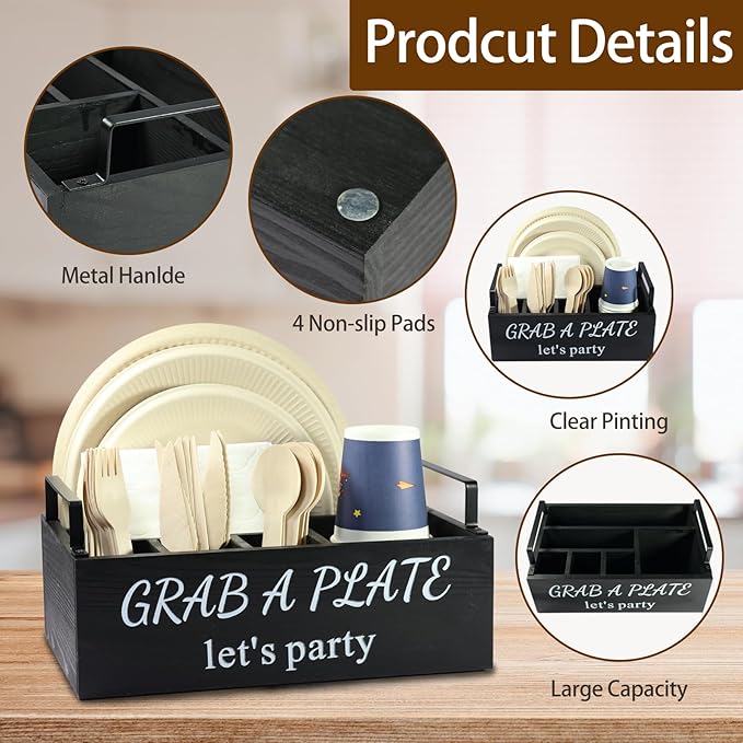 Paper Plate Holder, Utensil Caddy Organizer, Wood Paper Plate Dispenser, Silverware Caddy Holder, and Disposable Coffee Bar Accessories Box for Kitchen Counter, Party, Camping, Picnic (6 compartment)