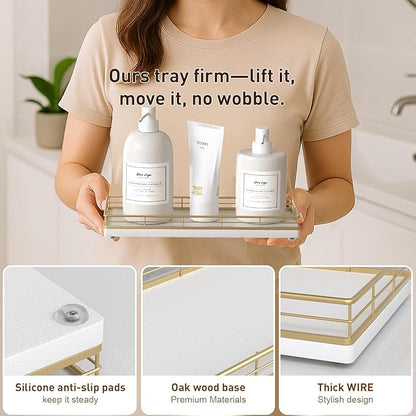 Bathroom Tray for Counter Top Organizer – Oak Wood Vanity Tray with Metal Frame for Dresser, Kitchen, Nightstand – Gold & White Decorative Storage