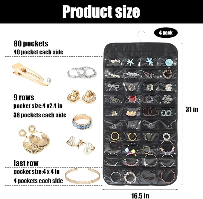 4 Pack Black Hanging Jewelry Storage with 80 Pockets, Double-Sided Closet Jewelry Organizer Hanging for Earrings, Necklaces, Rings, Bracelets