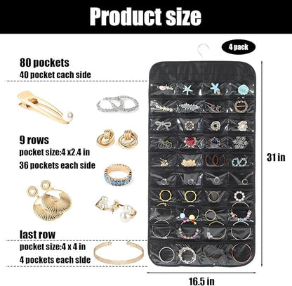 4 Pack Black Hanging Jewelry Storage with 80 Pockets, Double-Sided Closet Jewelry Organizer Hanging for Earrings, Necklaces, Rings, Bracelets