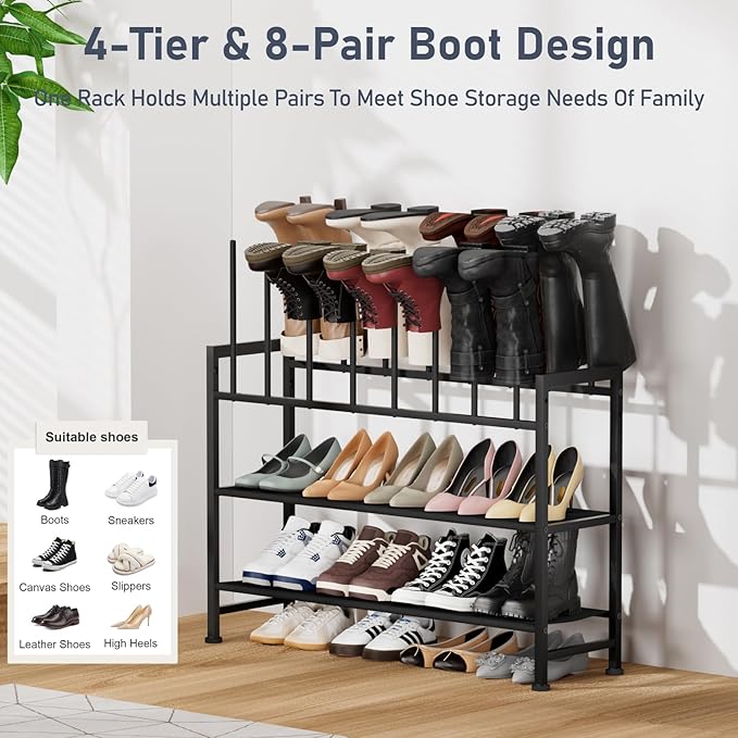 DIMJ Boot Rack 4-Tier - Black Metal Boot Storage Rack for Tall Boots Organizer Tall Boots, Multiuse Shoe Rack for Boots, Sneakers, High-Heel, Entryway, Fit for 8 Pairs, Black