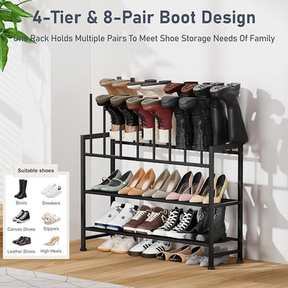 DIMJ Boot Rack 4-Tier - Black Metal Boot Storage Rack for Tall Boots Organizer Tall Boots, Multiuse Shoe Rack for Boots, Sneakers, High-Heel, Entryway, Fit for 8 Pairs, Black
