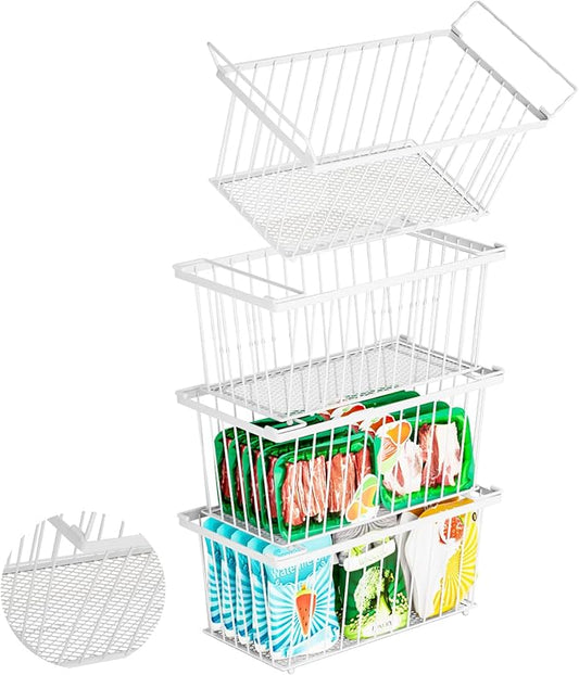 Enhanced Leak-Proof Bottom - Freezer Organizer Bins ，4 Pack Stackable Deep Freezer Organizer Bins for 7 Cu.FT Small Chest Freezer，organization and storage，pantry organizers（white）