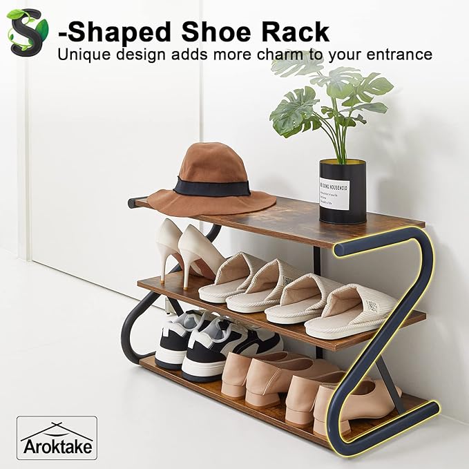 3-Tier Shoe Rack, Wooden Shoe Storage with S-Shaped Heavy Duty Metal Free Standing, Shoe Organizer Shelf for Front Door Entryway, Hallway, Living Room, Closet, Bedroom (Black & Rustic Brown)