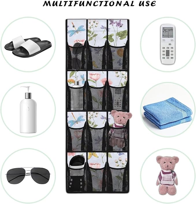 Dragonfly Floral Over The Door Organizer,Hanging Baskets with 12 Mesh Large Pockets,Door Back Shoe Organizers with 12 Mesh Pockets Baby Organizer Storage,Quick Dry Organizer Hanging