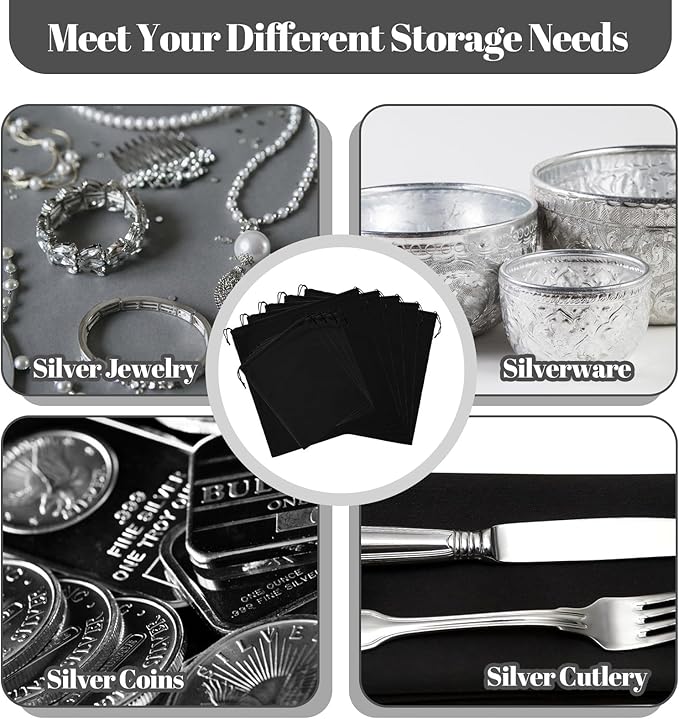 8PCS Silver Storage Bags Anti Tarnish with Drawstring 18" x 18" 9" x 12" Anti Tarnish Jewelry Storage, Velvet Silverware Polishing Storages Pouch for Jewelry, Flatware, Trays, Vase (Black)