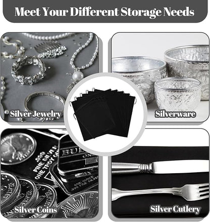 8PCS Silver Storage Bags Anti Tarnish with Drawstring 18" x 18" 9" x 12" Anti Tarnish Jewelry Storage, Velvet Silverware Polishing Storages Pouch for Jewelry, Flatware, Trays, Vase (Black)