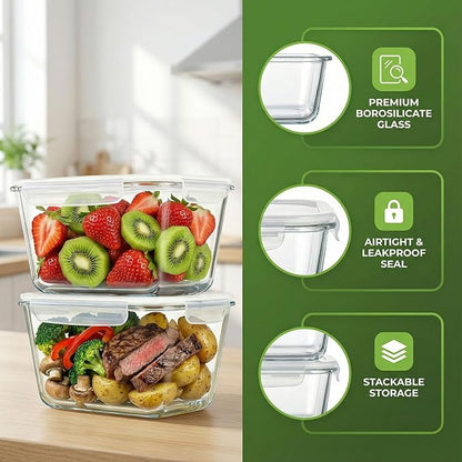 2 Pack Large Glass Food Storage Containers with Lids 85oz/10.5cup Big Airtight Storage Containers for Rotisserie Chicken Meal Prep Leftovers, BPA Free & Leak Proof, Microwave, Oven Safe (transparent)