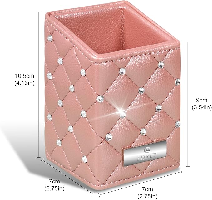 LORYP Crystal Makeup Brush Holder Rhinestone and PU Makeup Brush Organizer Handmade Cosmetic Brush Storage for Dresser Vanity Countertop (Rose Gold)