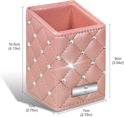 LORYP Crystal Makeup Brush Holder Rhinestone and PU Makeup Brush Organizer Handmade Cosmetic Brush Storage for Dresser Vanity Countertop (Rose Gold)