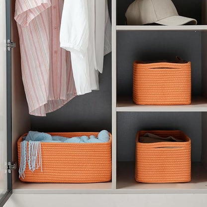 3-Pack Storage Baskets for Organizing | Woven Shelf Toy Basket | Rope Baskets for Gifts Empty | Closet Organizer Bins with Handles | Cube Decorative Box | 13.7×7.1×6.7” | Orange