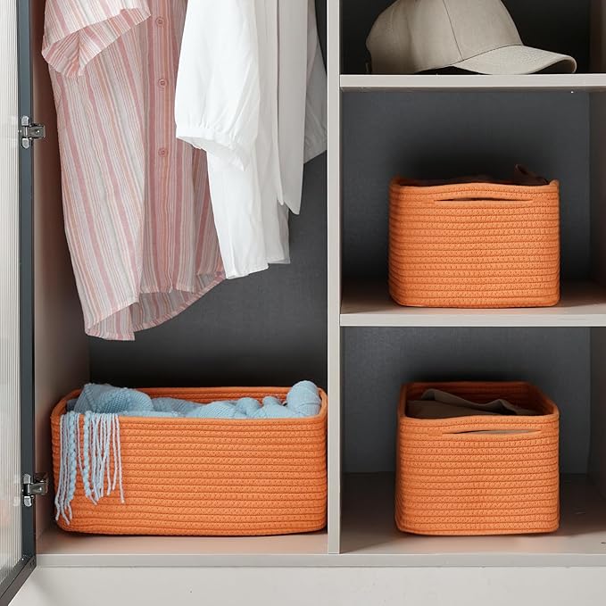 3-Pack Small Storage Baskets for Organizing | Woven Shelf Toy Basket | Rope Baskets for Gifts Empty | Closet Organizer Bins with Handles | Cube Decorative Box | 11.8×7.8×5.1” | Orange