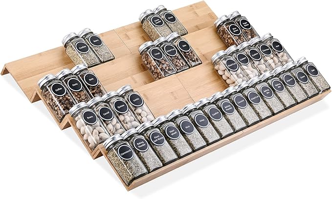 Mulush Bamboo Spice Rack Tray - Spice Drawer Organizer for Kitchen Cabinets Storage and Organization (Jars Not Included, 8 Individual Pieces, Not Adjustable)