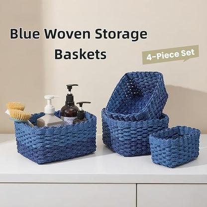 4PCS Woven Storage Baskets Set, Small Baskets for Organizing, Square Handwoven Paper Rope Organizer Bins for Shelves and Home Storage (Blue)