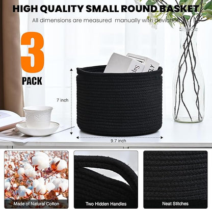 ICERZCZ Small Black Baskets for Organizing, Storage Baskets for Shelves, Small Woven Basket for Storage, Cute Basket for Gifts, Mini Cotton Rope Baskets, 9.7"×9.7"×7" (3 Packs) Black