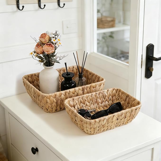 2 Pack Small Wicker Storage Baskets, Water Hyacinth Basket for Organizing Shelves, Natural Woven Storage Baskets for Snack, Gift