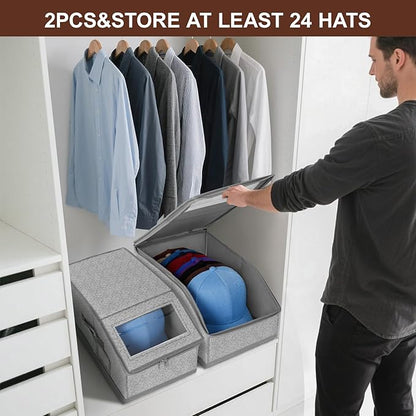 ‌Portable Hat Storage Box Organizer | Large Capacity Foldable Cap Holder with Clear Window | Space-Saving Closet Accessory for Baseball Caps, Beanies & Sun Hats‌ (2 Pack)